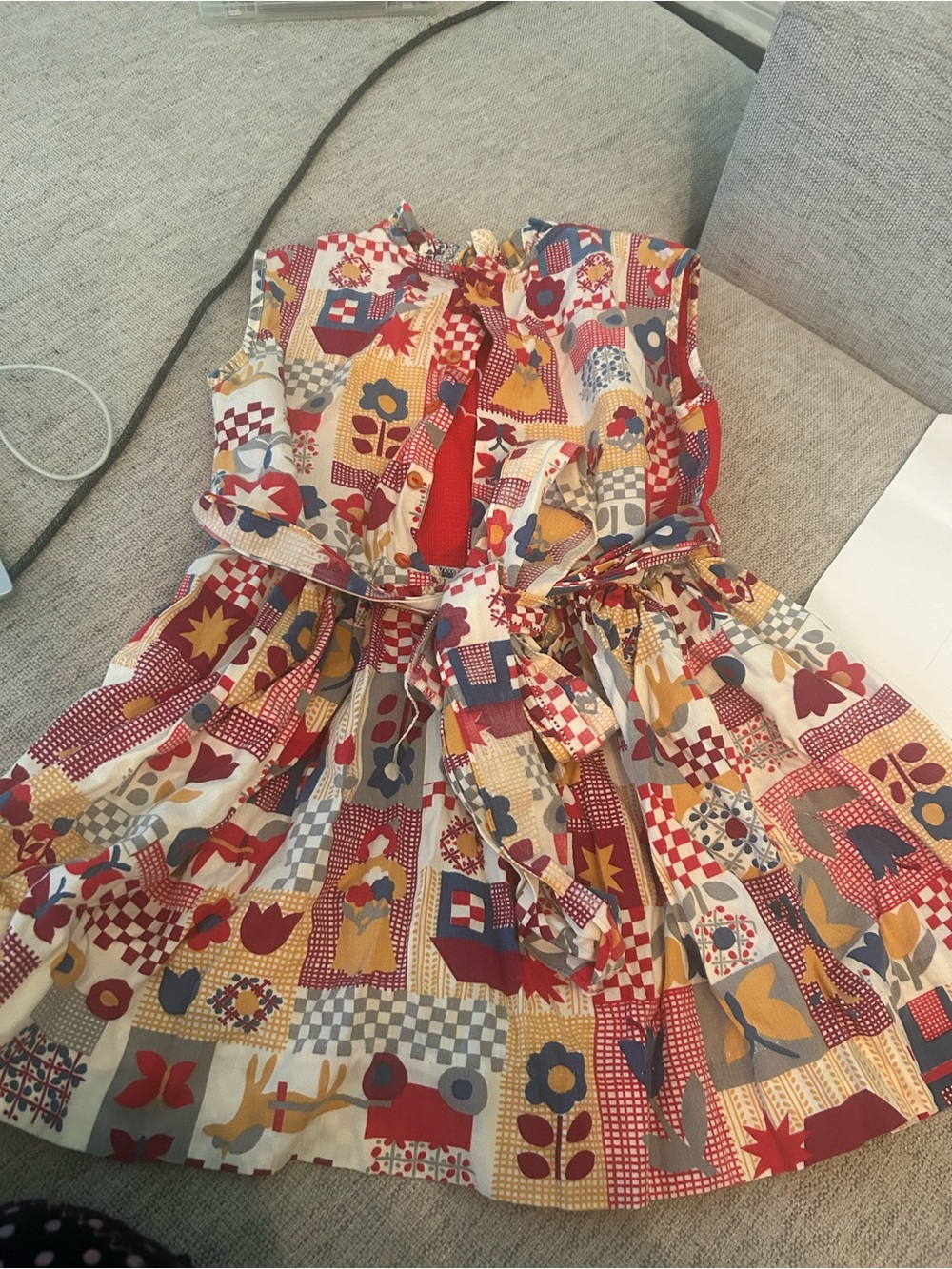 Vintage Girls Patchwork Floral Tie-Waist Casual Dress in Red, Yellow & Blue